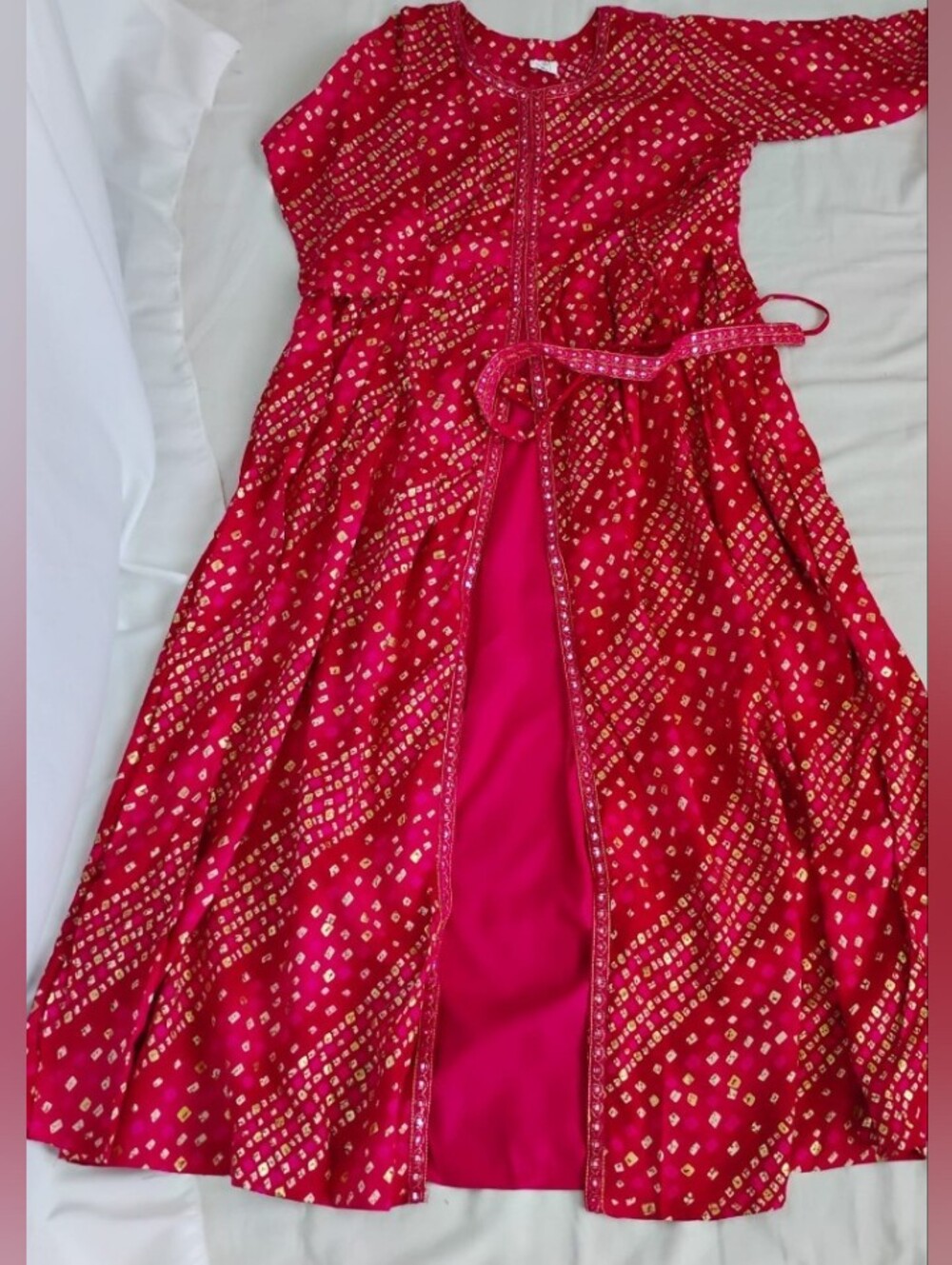 Bandhani ' Red Party Layered Anarkali Gown/  kurta with Belt